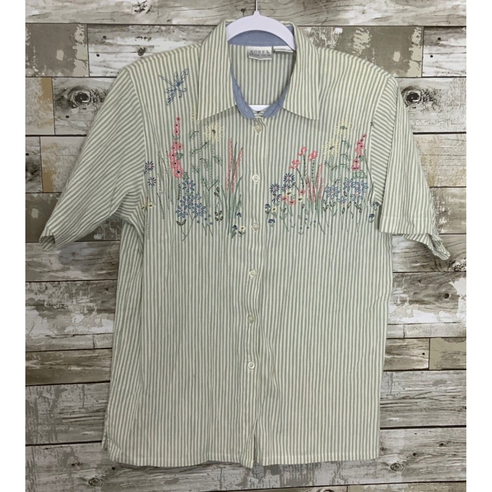 Koret Francisca Womens Green‎ White Striped Short Sleeve Button Front Blouse M